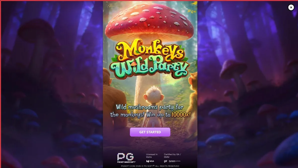 Cena vibrante da selva com macacos e cogumelos mágicos no slot Monkeys Wild Party